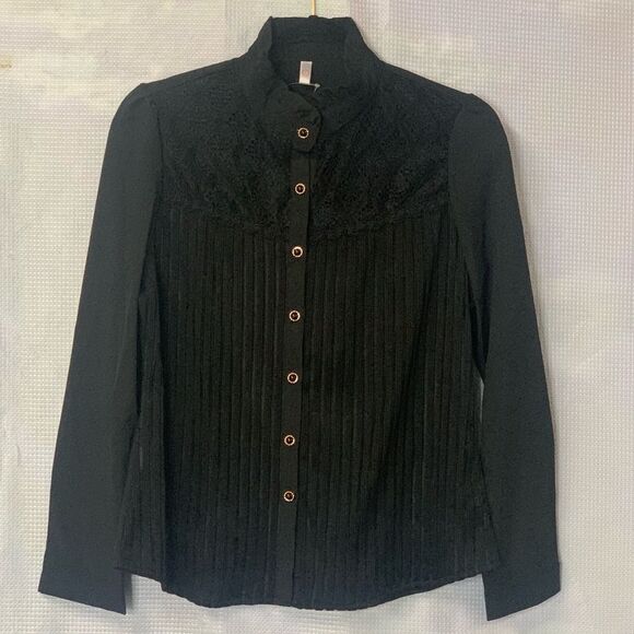 Black Victorian Style Semi Sheer Lace Pleated Blouse - Picture 2 of 12
